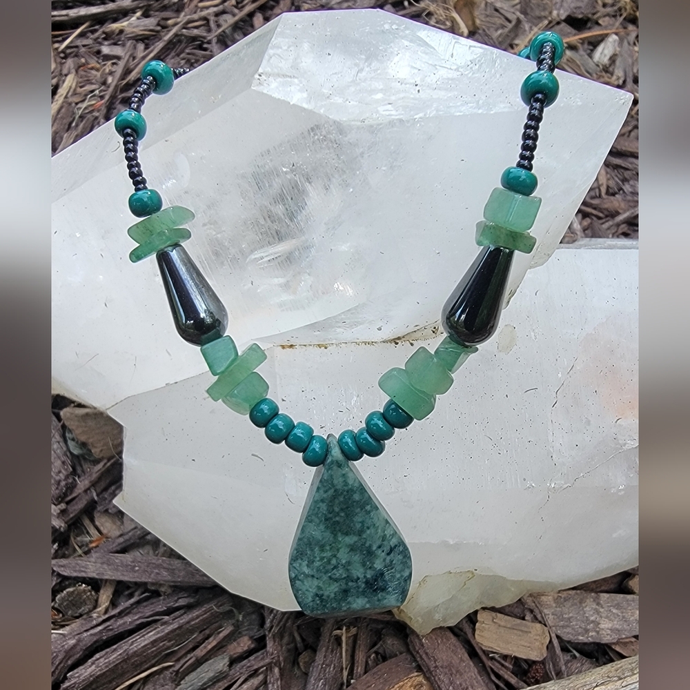 Handcrafted Hematite,Adventurine, Jade Stone And Black Beaded Necklace.
